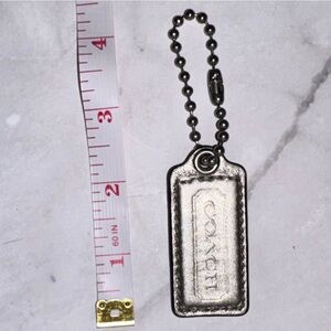 Coach Metallic Silver Leather Key Fob Hangtag bagcharm w silver Ball Chain 2.25”